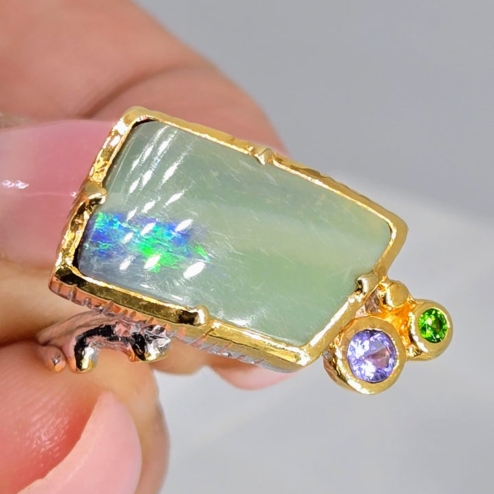 "Green Flash" Sz 6.5 Ring - Opal, Tanzanite, Chrome Diopside, Sterling, 18k Gold Accents
