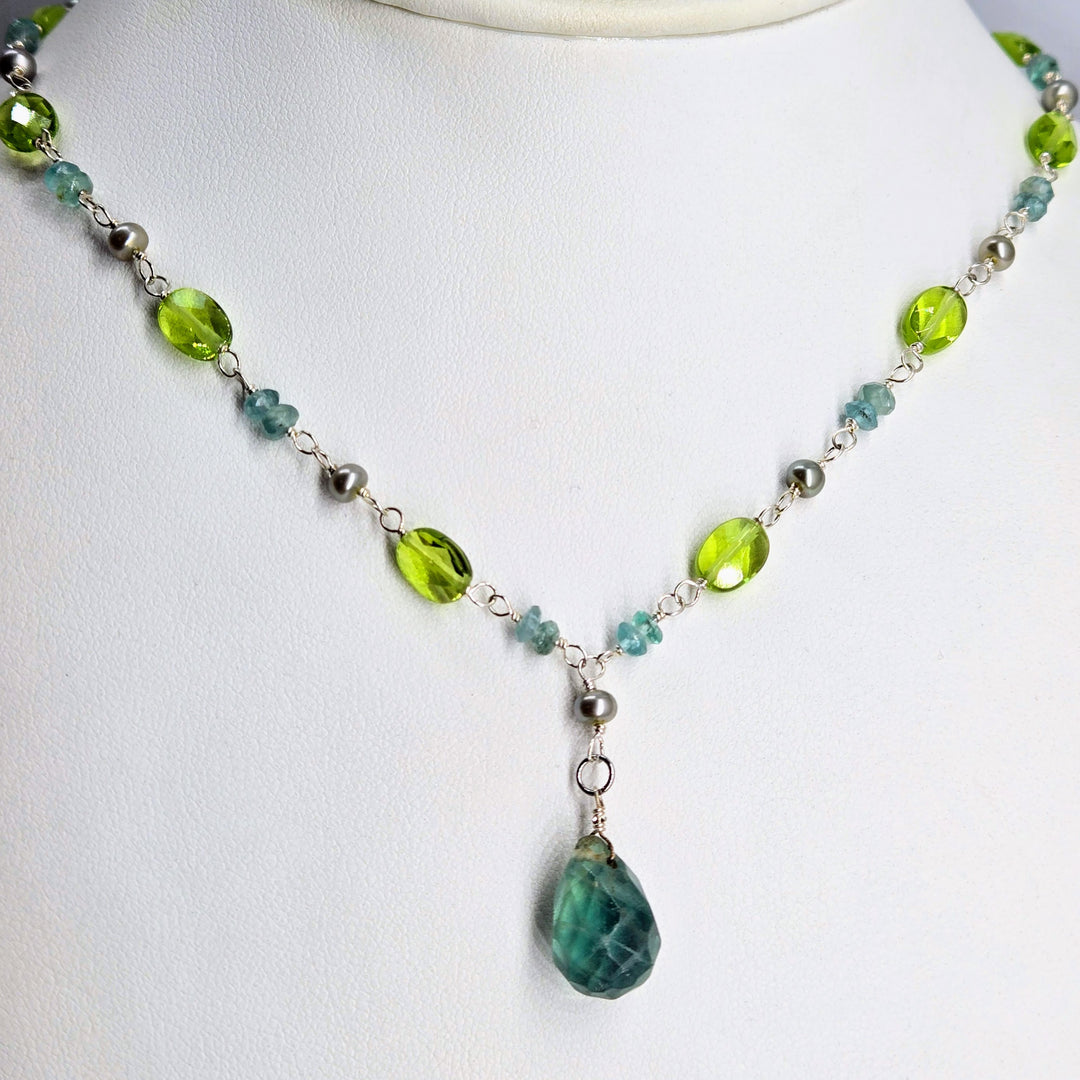 "Forest Fairies" 16" - 18" Necklace - Flourite, Apatite, Peridot, Pearls, Sterling