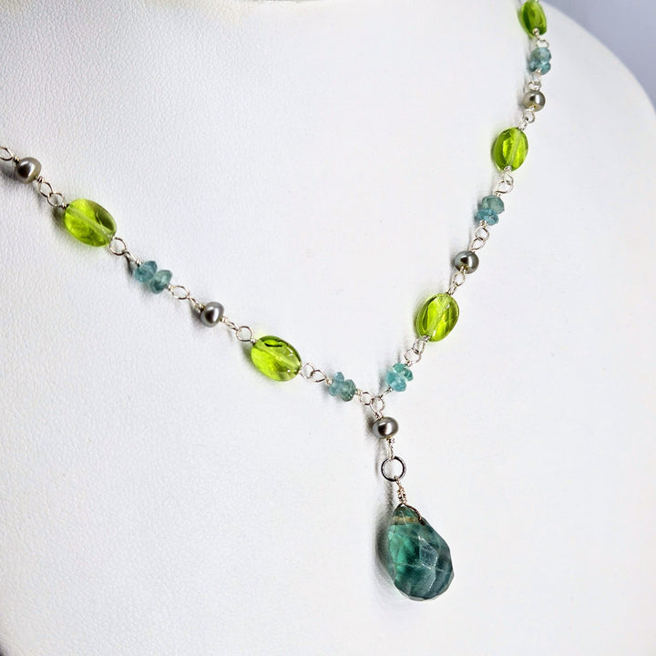 "Forest Fairies" 16" - 18" Necklace - Flourite, Apatite, Peridot, Pearls, Sterling