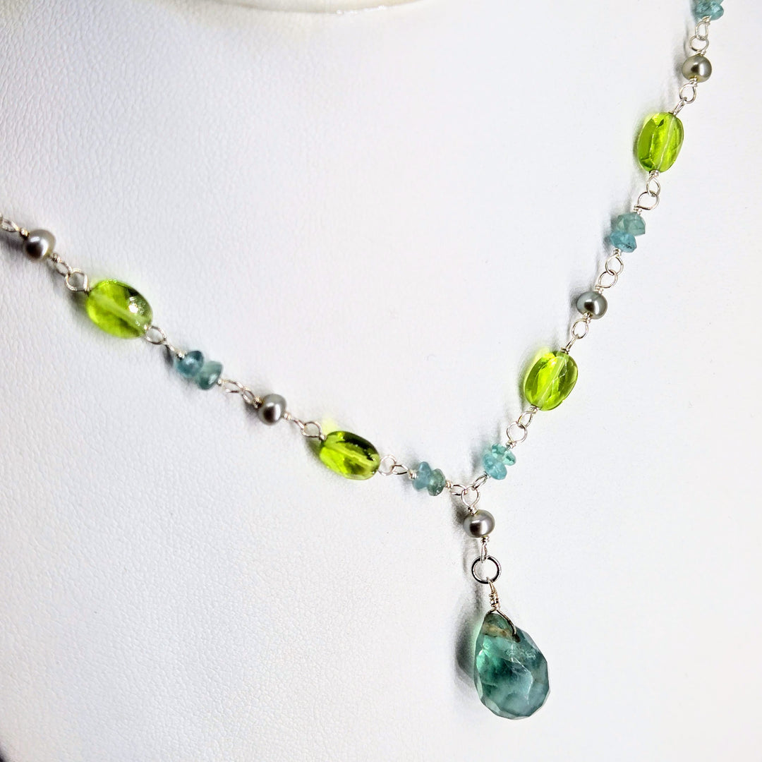 "Forest Fairies" 16" - 18" Necklace - Flourite, Apatite, Peridot, Pearls, Sterling