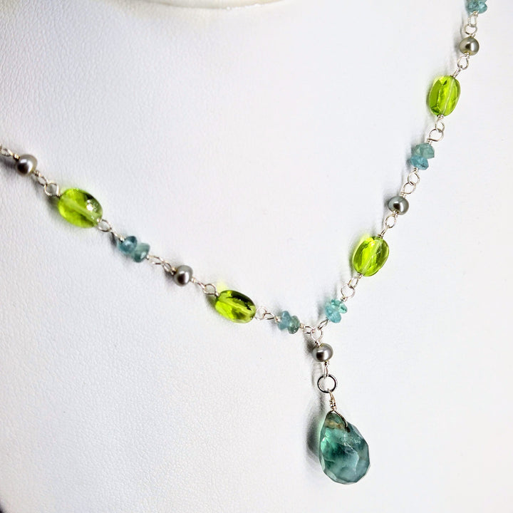 "Forest Fairies" 16" - 18" Necklace - Flourite, Apatite, Peridot, Pearls, Sterling