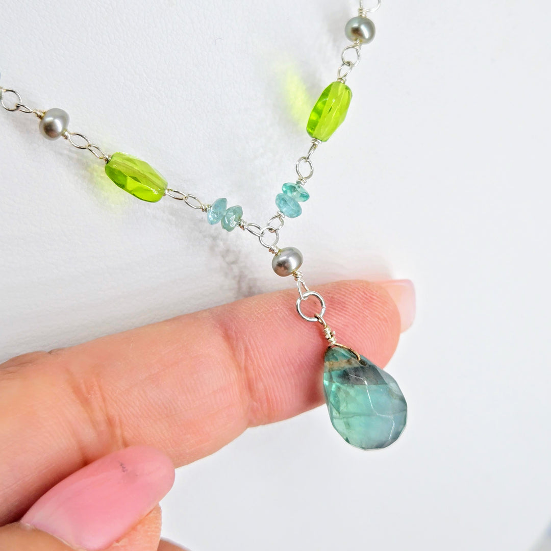 "Forest Fairies" 16" - 18" Necklace - Flourite, Apatite, Peridot, Pearls, Sterling