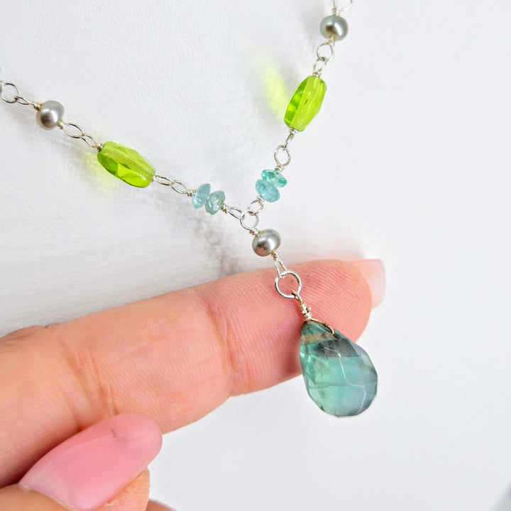 "Forest Fairies" 16" - 18" Necklace - Flourite, Apatite, Peridot, Pearls, Sterling