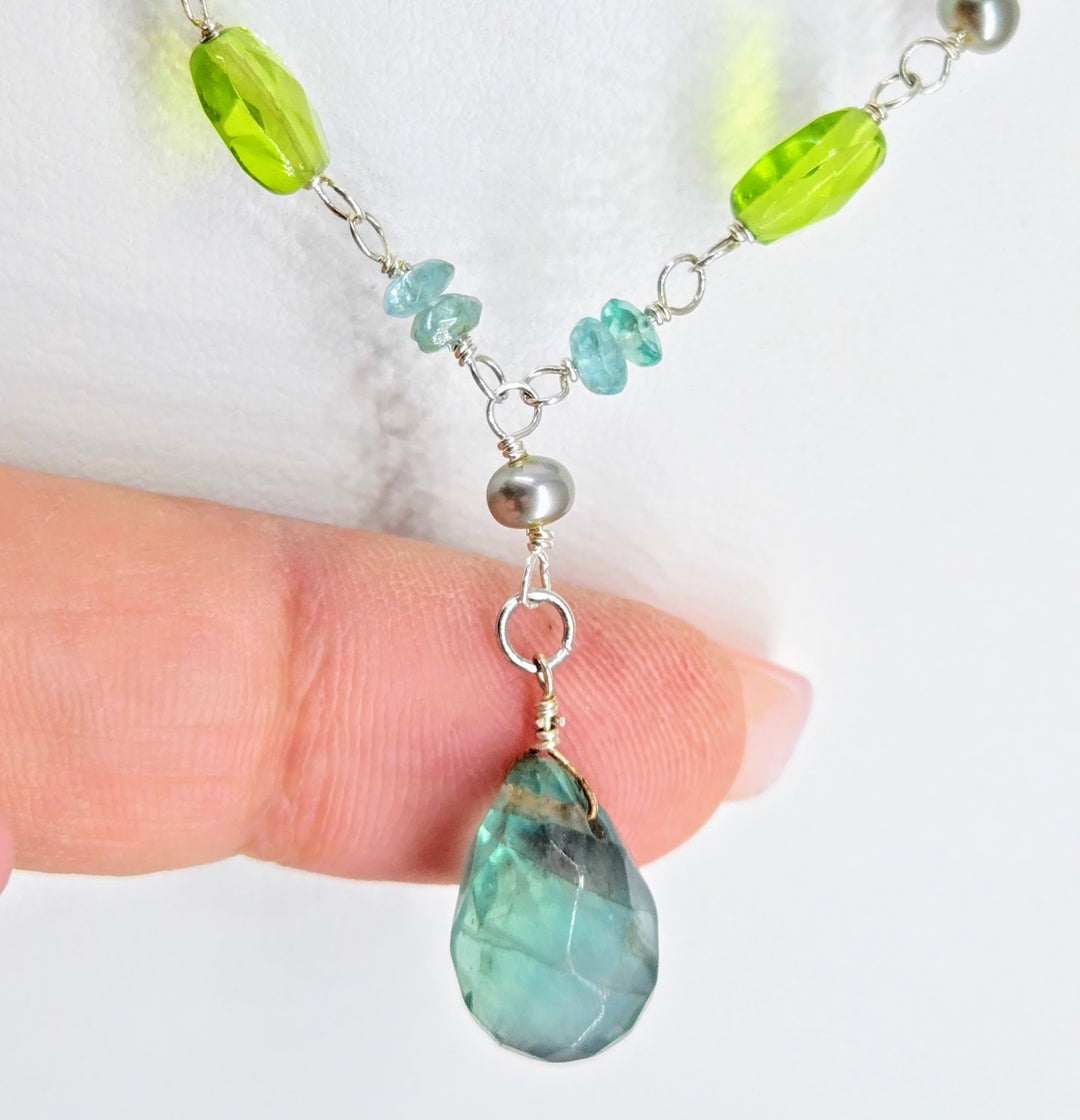 "Forest Fairies" 16" - 18" Necklace - Flourite, Apatite, Peridot, Pearls, Sterling