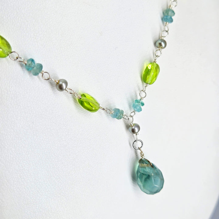 "Forest Fairies" 16" - 18" Necklace - Flourite, Apatite, Peridot, Pearls, Sterling