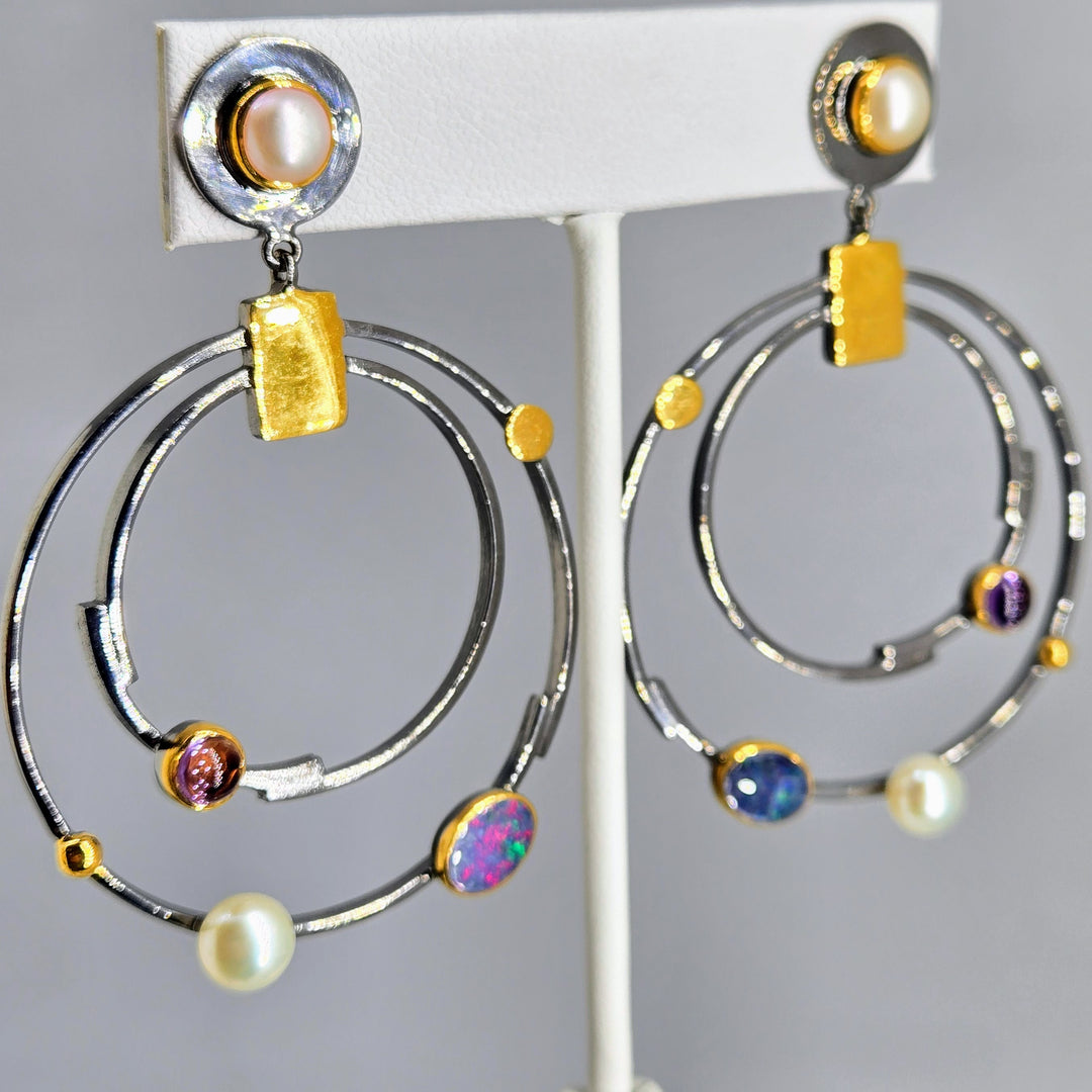 "Orbicular Beauties" 2.25" Earrings - Opal, Amethyst, Pearl, Black Sterling, 18K