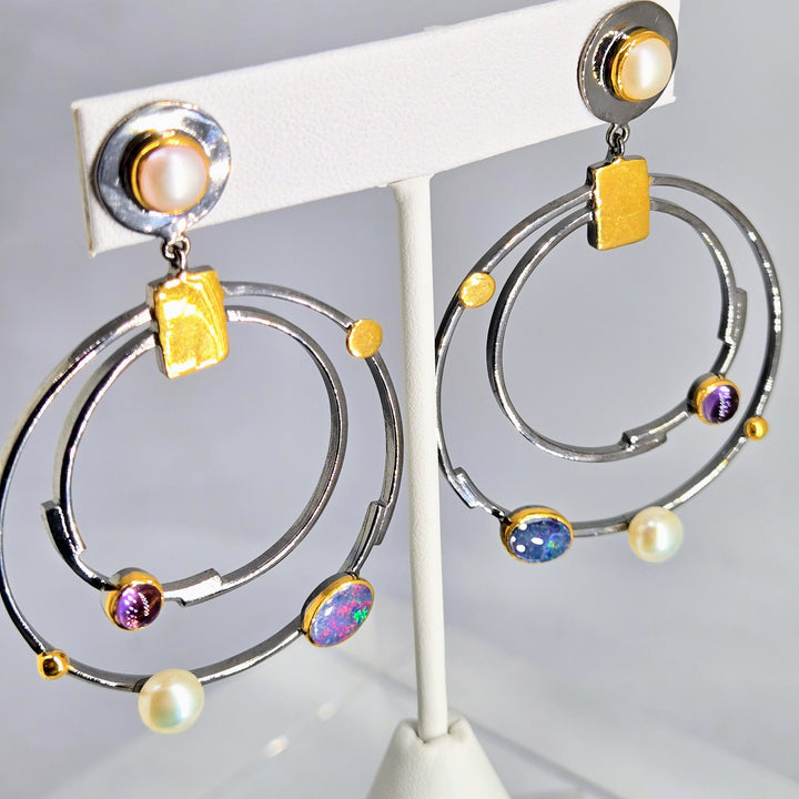 "Orbicular Beauties" 2.25" Earrings - Opal, Amethyst, Pearl, Black Sterling, 18K