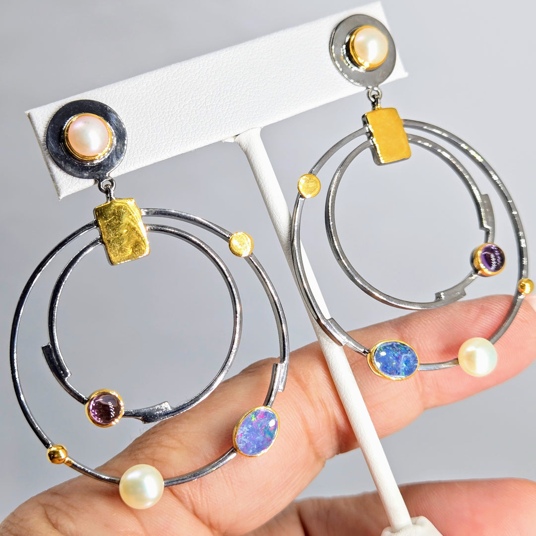 "Orbicular Beauties" 2.25" Earrings - Opal, Amethyst, Pearl, Black Sterling, 18K
