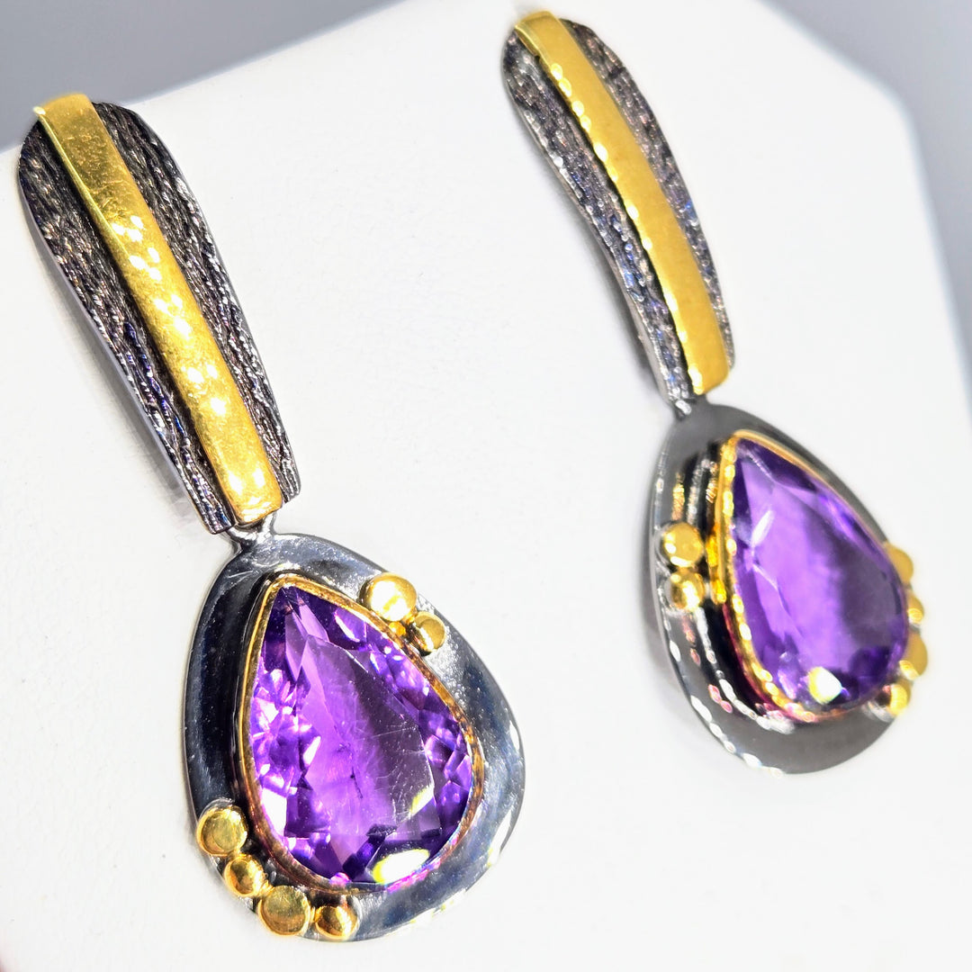 "Royal Pear" 1.5" Earrings - Amethyst, Black Sterling, 18K