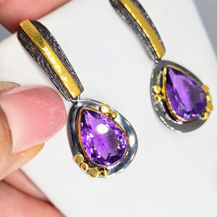 "Royal Pear" 1.5" Earrings - Amethyst, Black Sterling, 18K
