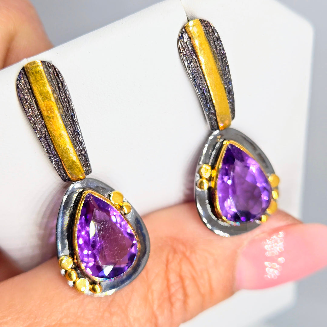 "Royal Pear" 1.5" Earrings - Amethyst, Black Sterling, 18K