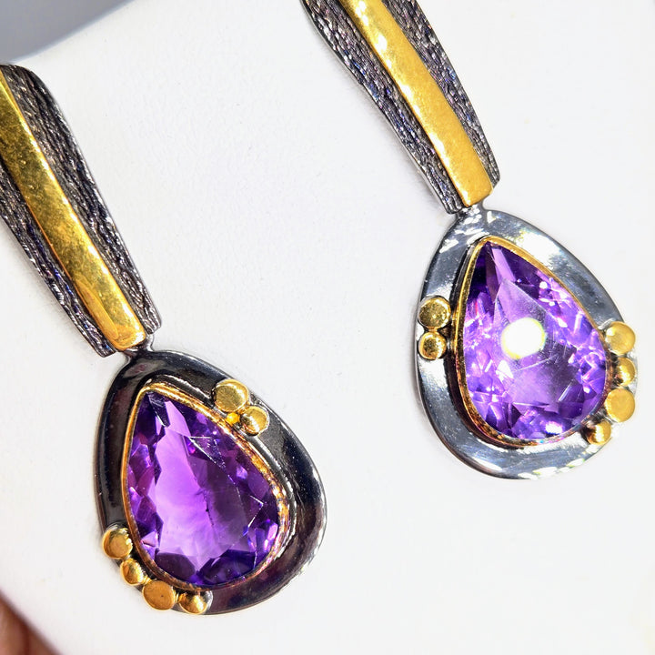 "Royal Pear" 1.5" Earrings - Amethyst, Black Sterling, 18K