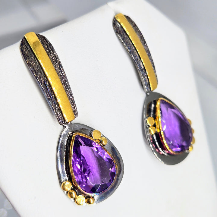 "Royal Pear" 1.5" Earrings - Amethyst, Black Sterling, 18K