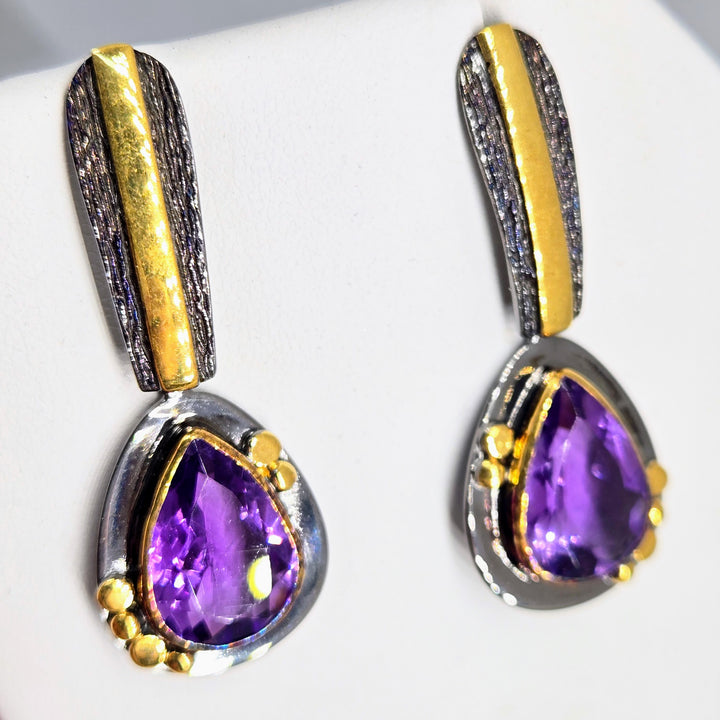 "Royal Pear" 1.5" Earrings - Amethyst, Black Sterling, 18K