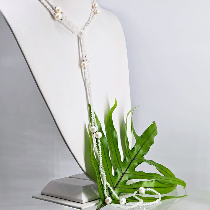 "Moon Dust" 60" Necklace - Moonstone, Pearls, Hematite + Enhancer Clip