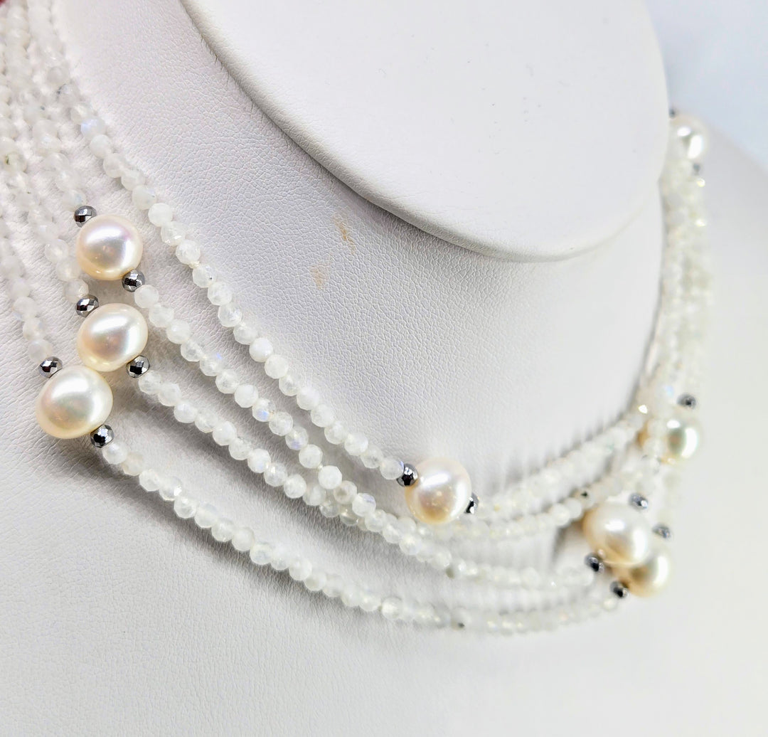 "Moon Dust" 60" Necklace - Moonstone, Pearls, Hematite + Enhancer Clip