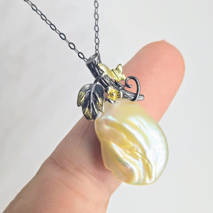 "Enchanted Forest" 16" - 18" Pendant Necklace - Baroque Pearl, Black Sterling, 18k Accents