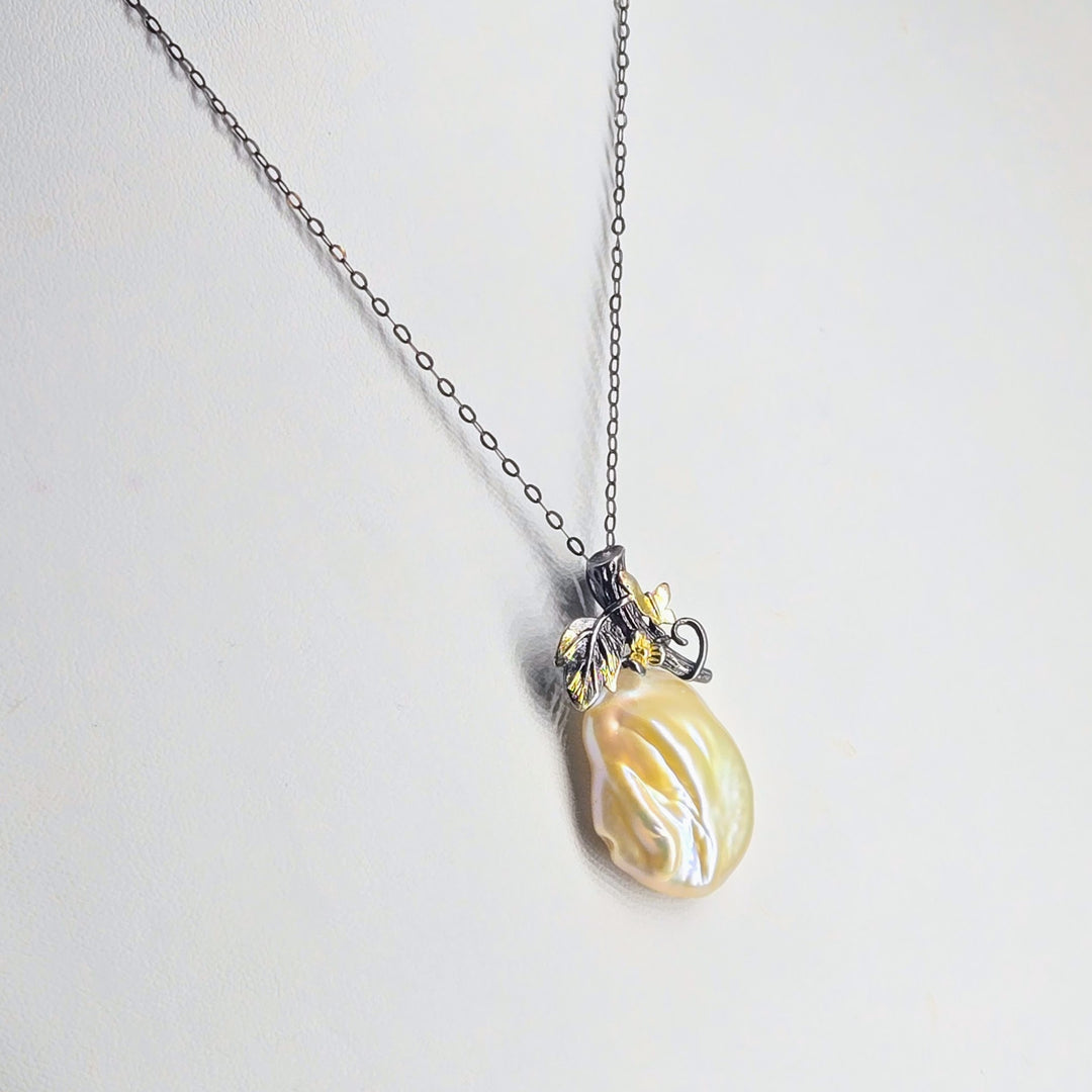 "Enchanted Forest" 16" - 18" Pendant Necklace - Baroque Pearl, Black Sterling, 18k Accents