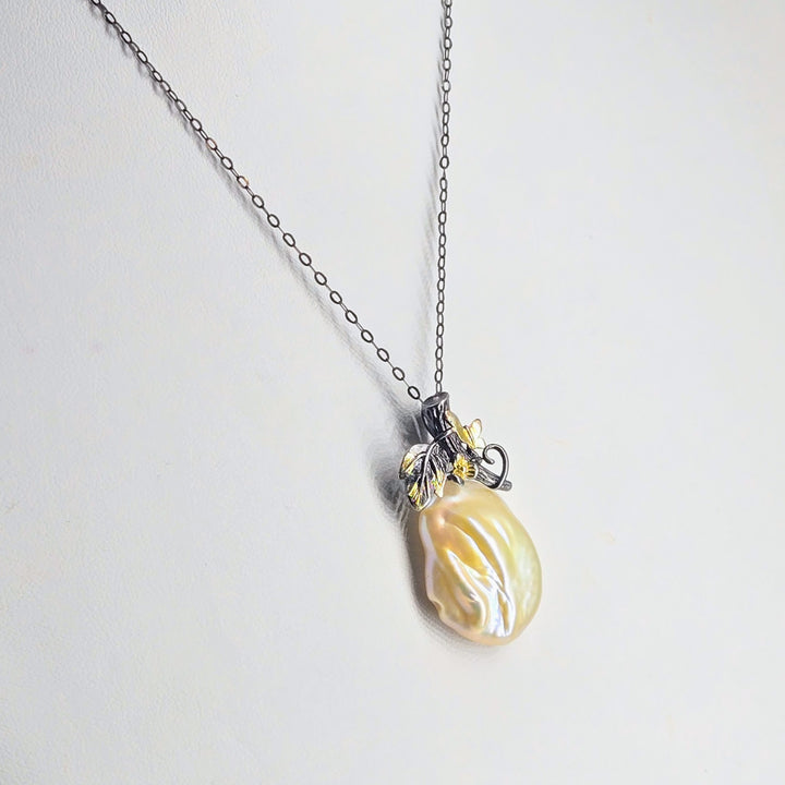 "Enchanted Forest" 16" - 18" Pendant Necklace - Baroque Pearl, Black Sterling, 18k Accents