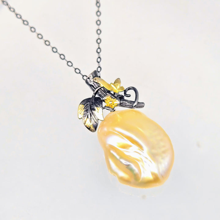 "Enchanted Forest" 16" - 18" Pendant Necklace - Baroque Pearl, Black Sterling, 18k Accents