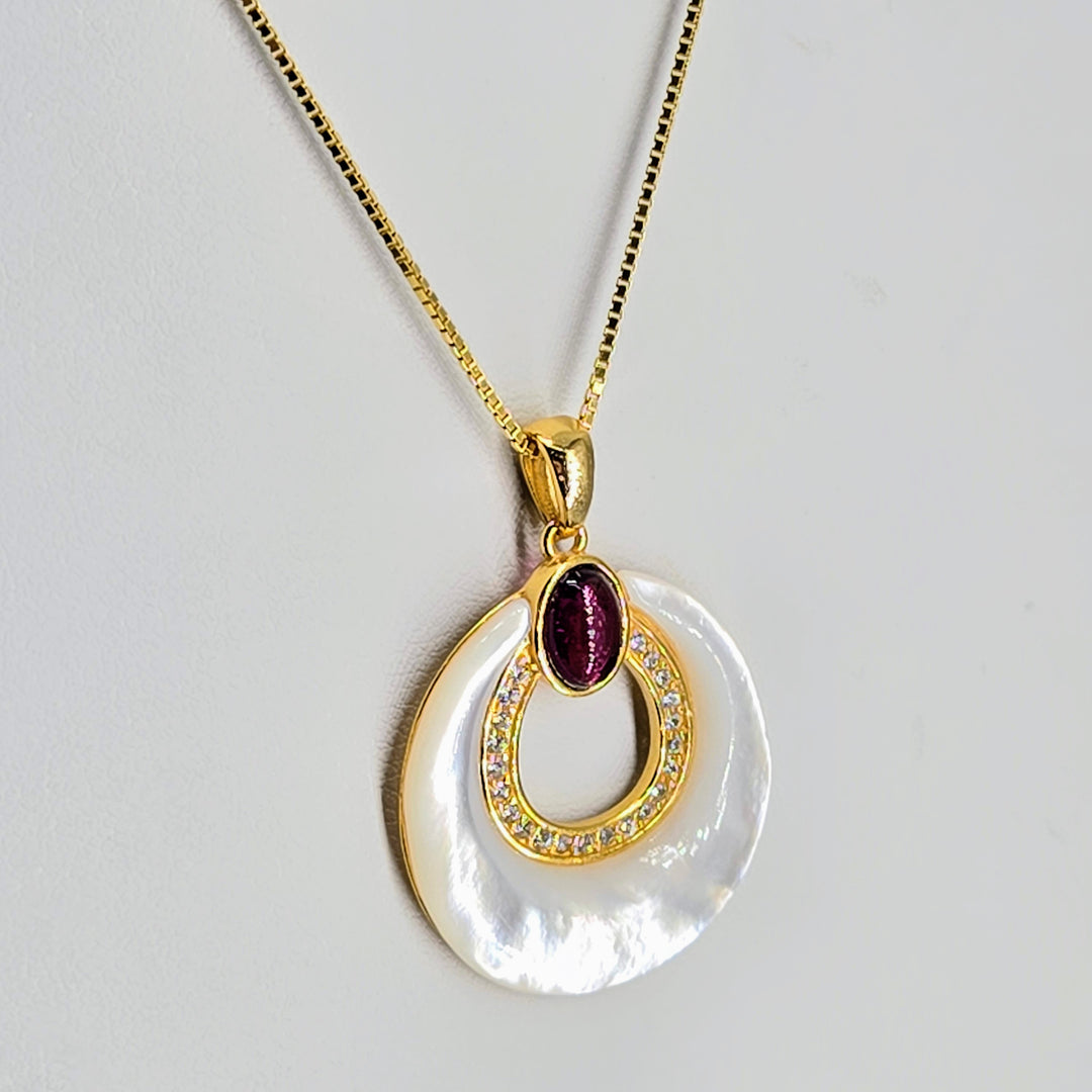 "Mother's Little Helper" 1.25" Pendant Necklace - Mother-of-pearl, Garnet, Zircon, anti-tarnish 18k Gold Sterling
