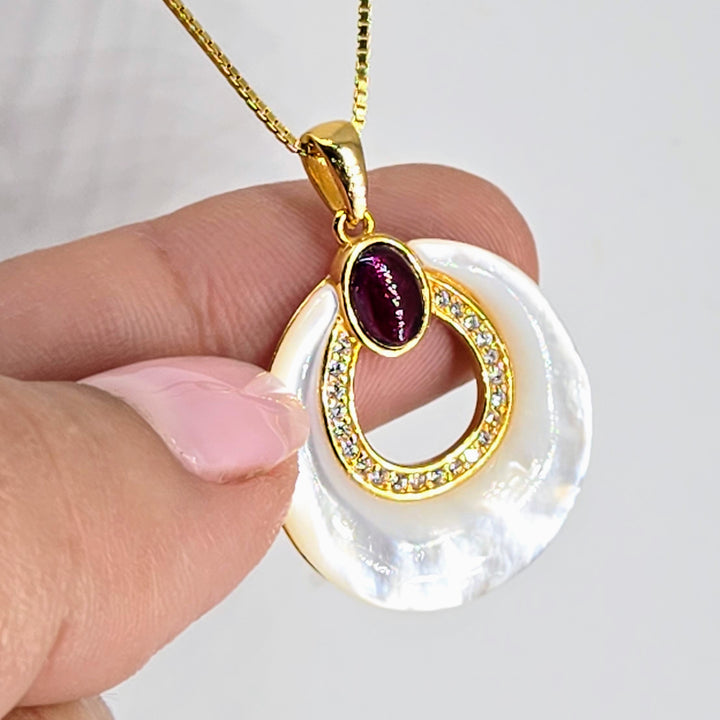 "Mother's Little Helper" 1.25" Pendant Necklace - Mother-of-pearl, Garnet, Zircon, anti-tarnish 18k Gold Sterling