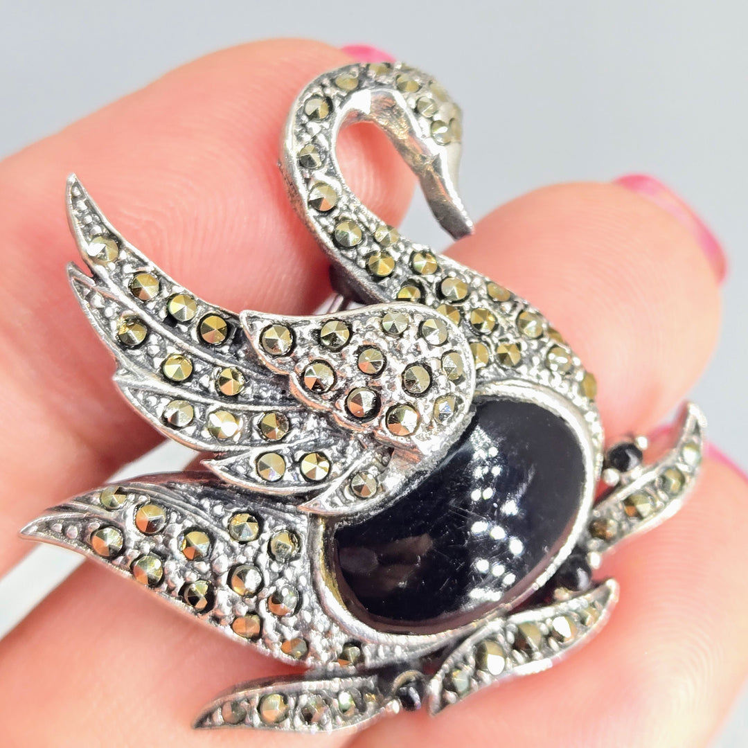 "Black Swan" 1.5" X 1.5" Brooch/Pearl Enhancer - Onyx, Marcasite, Sterling