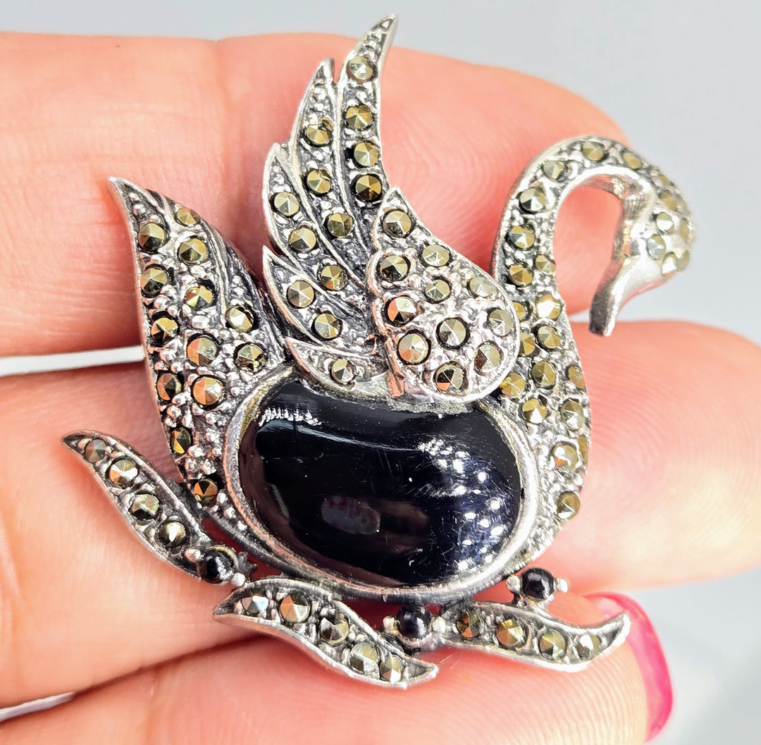 "Black Swan" 1.5" X 1.5" Brooch/Pearl Enhancer - Onyx, Marcasite, Sterling