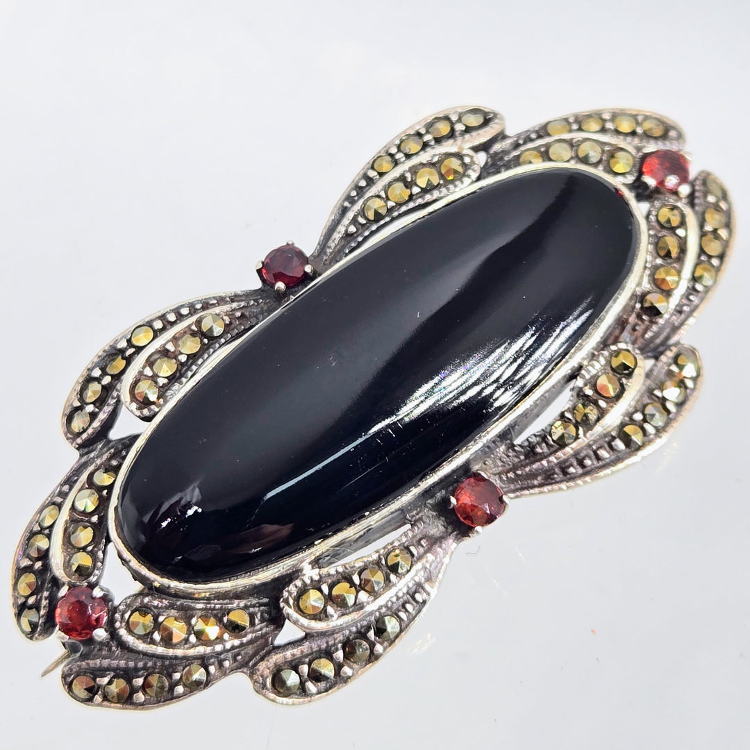 "Black Beauty" 1" X 2.25" Brooch/Pearl Enhancer - Onyx, Garnet, Marcasite, Sterling