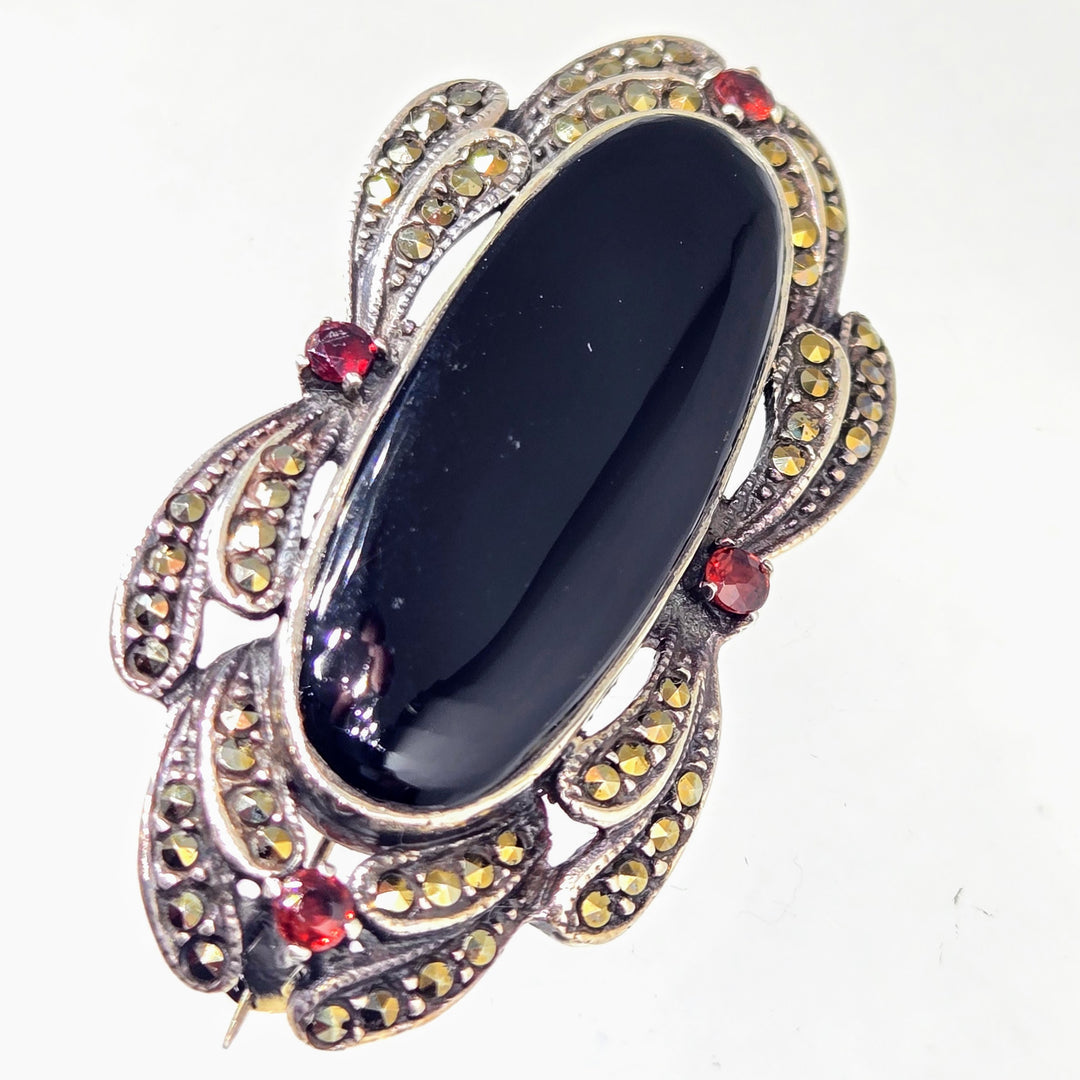 "Black Beauty" 1" X 2.25" Brooch/Pearl Enhancer - Onyx, Garnet, Marcasite, Sterling