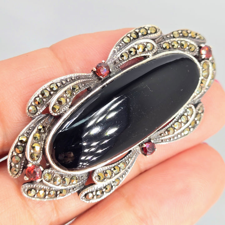 "Black Beauty" 1" X 2.25" Brooch/Pearl Enhancer - Onyx, Garnet, Marcasite, Sterling