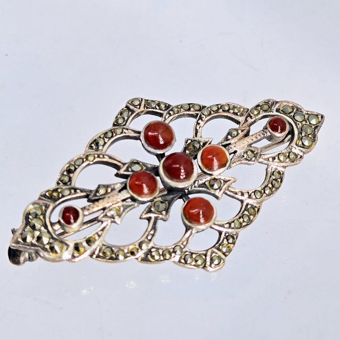 "Annie Hall's Favorite" 1" X 2" Brooch/Pearl Enhancer - Carnelian, Marcasite, Sterling
