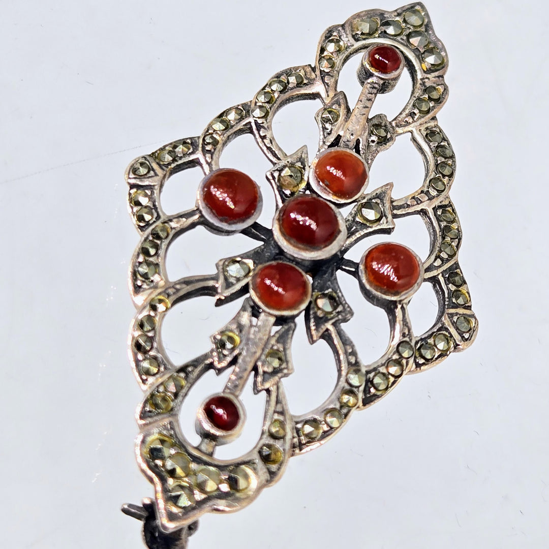 "Annie Hall's Favorite" 1" X 2" Brooch/Pearl Enhancer - Carnelian, Marcasite, Sterling