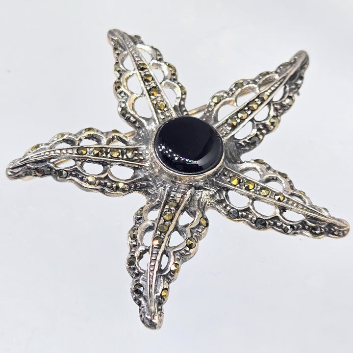 "Black Star" 2" Brooch/Pearl Enhancer - Onyx, Marcasite, Sterling