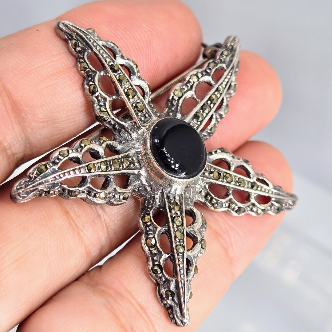 "Black Star" 2" Brooch/Pearl Enhancer - Onyx, Marcasite, Sterling