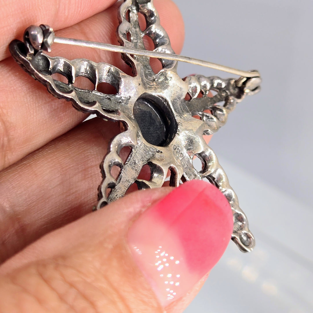"Black Star" 2" Brooch/Pearl Enhancer - Onyx, Marcasite, Sterling