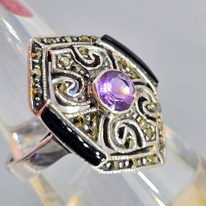 "The Dish's Dark Desire" Sz 7.5 Ring - Amethyst, Onyx, Marcasite, Sterling