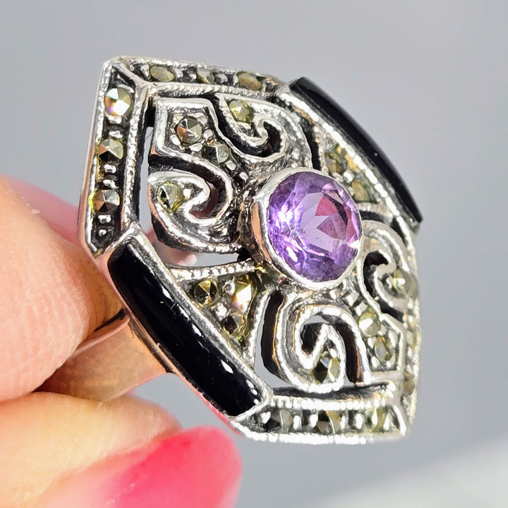 "The Dish's Dark Desire" Sz 7.5 Ring - Amethyst, Onyx, Marcasite, Sterling