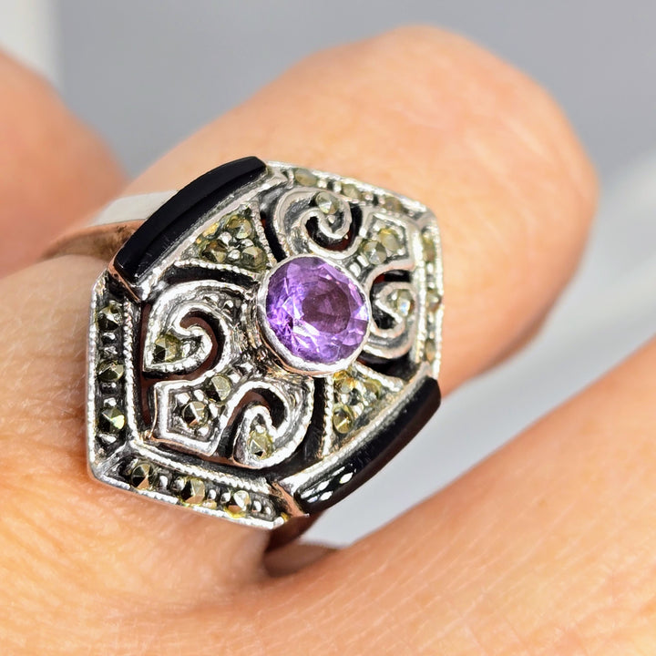 "The Dish's Dark Desire" Sz 7.5 Ring - Amethyst, Onyx, Marcasite, Sterling