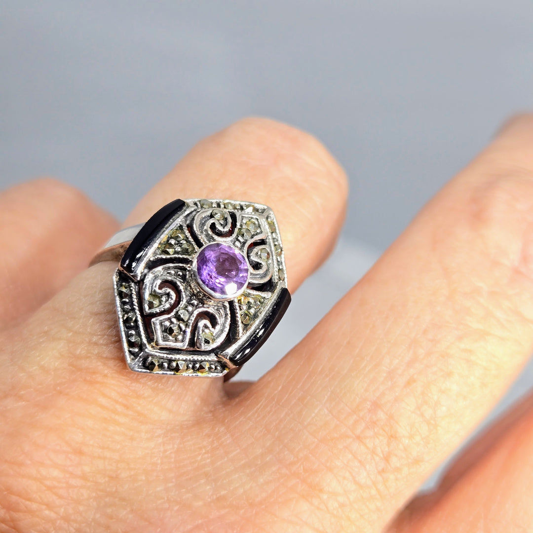 "The Dish's Dark Desire" Sz 7.5 Ring - Amethyst, Onyx, Marcasite, Sterling