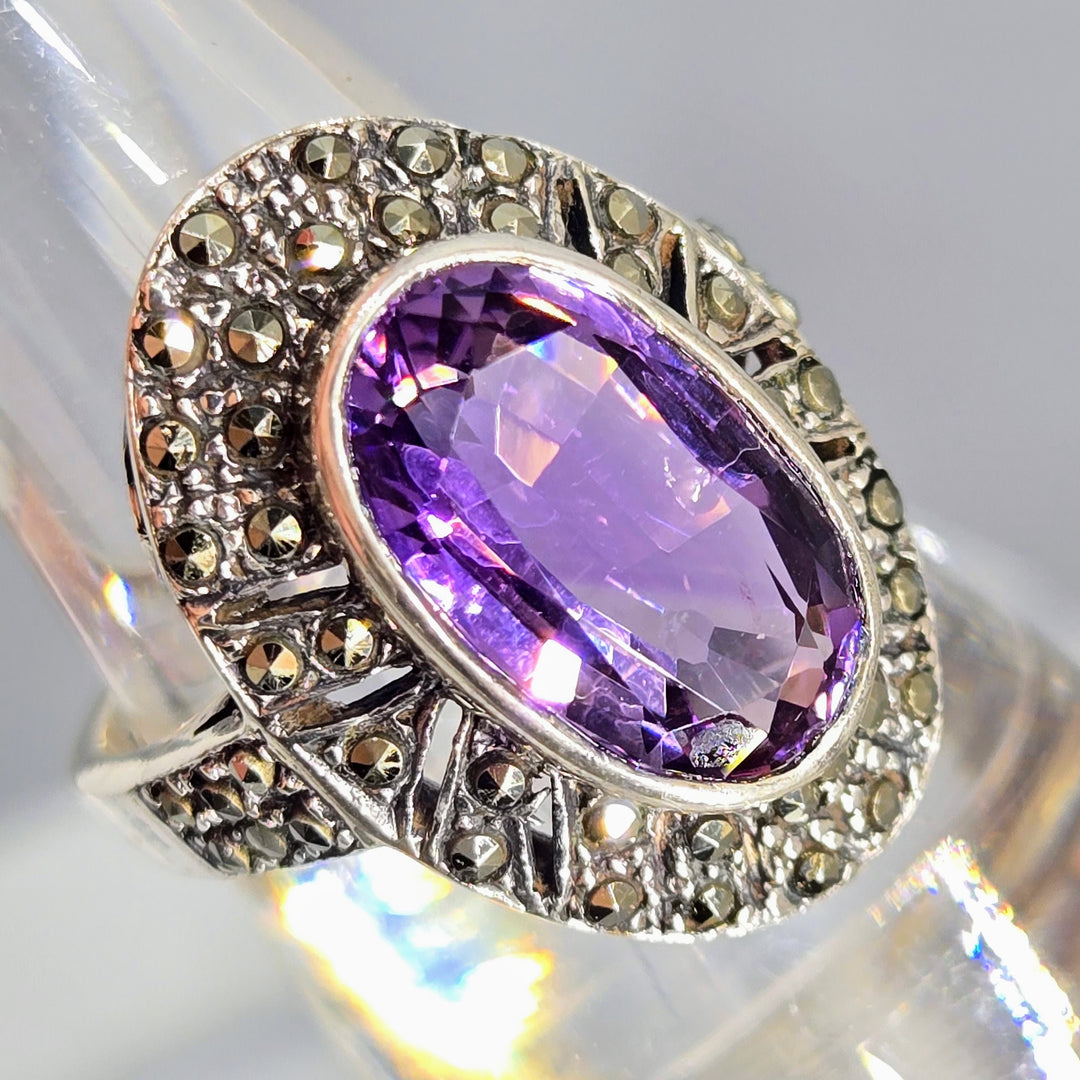 "Beulah, Peel Me A Grape!" Sz 7.25 Ring - Amethyst, Marcasite, Sterling