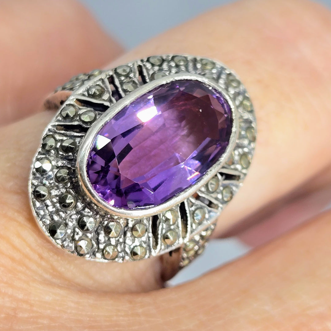 "Beulah, Peel Me A Grape!" Sz 7.25 Ring - Amethyst, Marcasite, Sterling