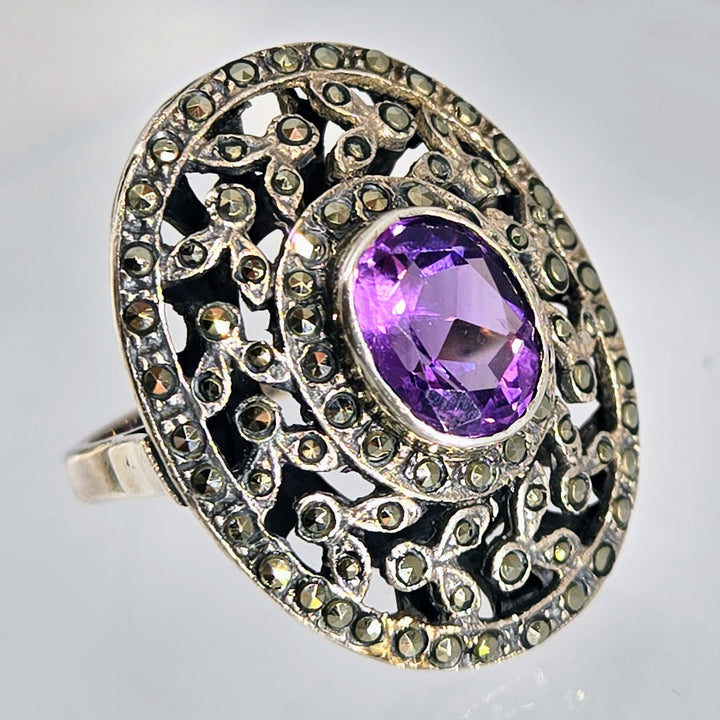 "Grandma's Ring" Sz 8 Ring - Amethyst, Marcasite, Sterling
