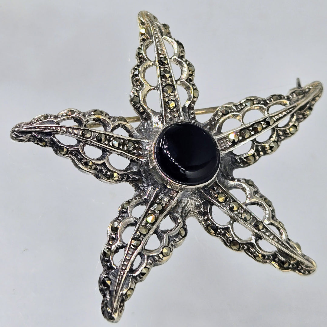 "Black Star" 2" Brooch/Pearl Enhancer - Onyx, Marcasite, Sterling