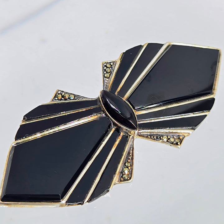 "Black Tie?" 1" X 2.75" Brooch/Pearl Enhancer - Onyx, Marcasite, Sterling