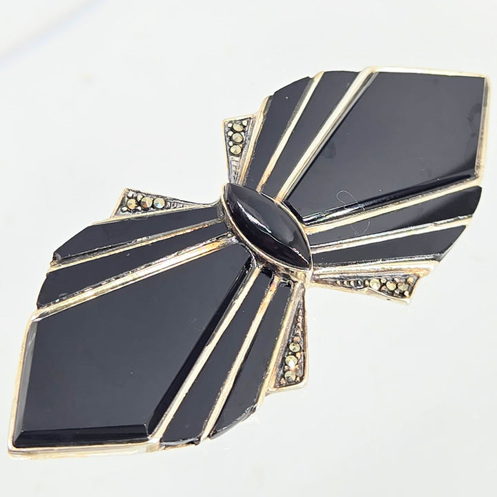 "Black Tie?" 1" X 2.75" Brooch/Pearl Enhancer - Onyx, Marcasite, Sterling