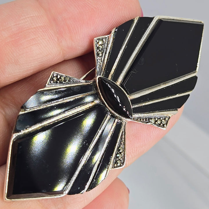 "Black Tie?" 1" X 2.75" Brooch/Pearl Enhancer - Onyx, Marcasite, Sterling