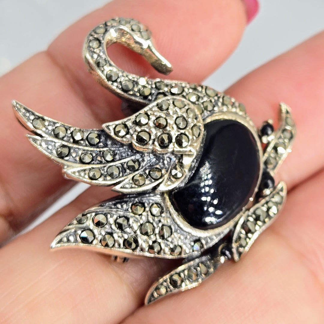 "Black Swan" 1.5" X 1.5" Brooch/Pearl Enhancer - Onyx, Marcasite, Sterling