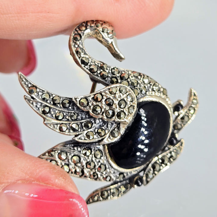 "Black Swan" 1.5" X 1.5" Brooch/Pearl Enhancer - Onyx, Marcasite, Sterling