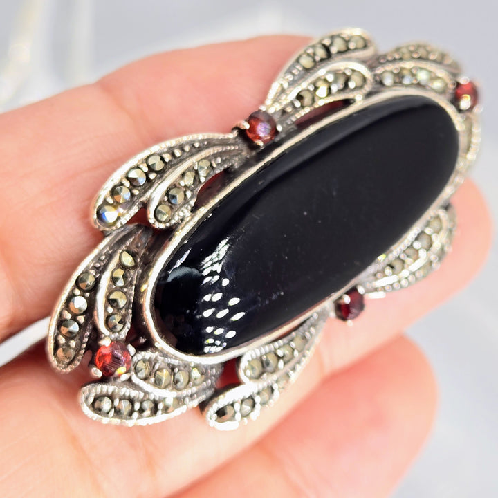 "Black Beauty" 1" X 2.25" Brooch/Pearl Enhancer - Onyx, Garnet, Marcasite, Sterling